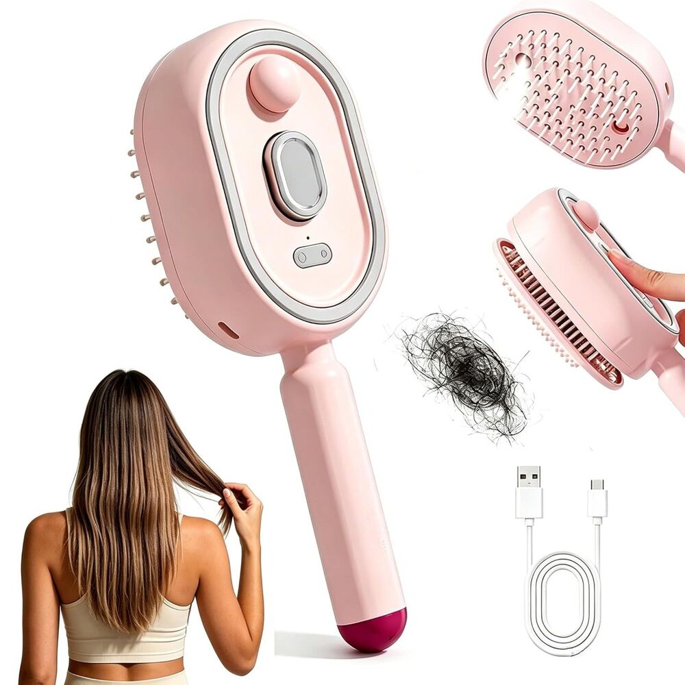 Electric Spray Air Cushion Massage Hair Brush - Pink Self-Cleaning Anti-Frizz